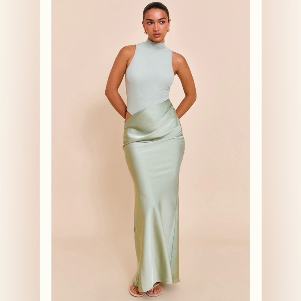 PrettyLittleThing Sage Green Mesh Racer Satin Skirt Maxi Dress